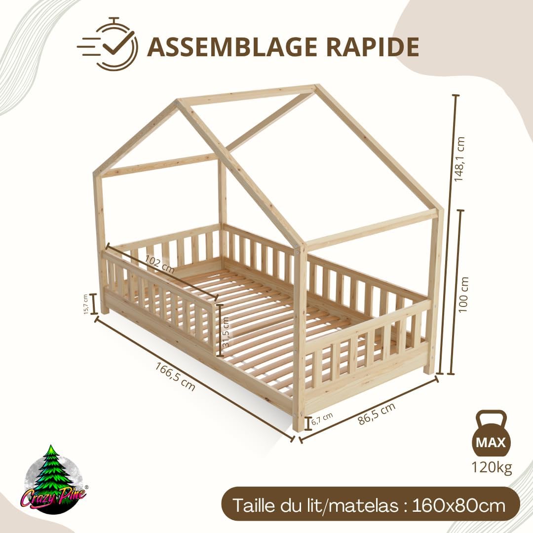 Crazy Pine Cabin Bed 160x80 cm – Natural Wood Children's Bed with Barrier – Montessori Floor Bed with Height-Adjustable Legs and Removable Barrier - Crazy House