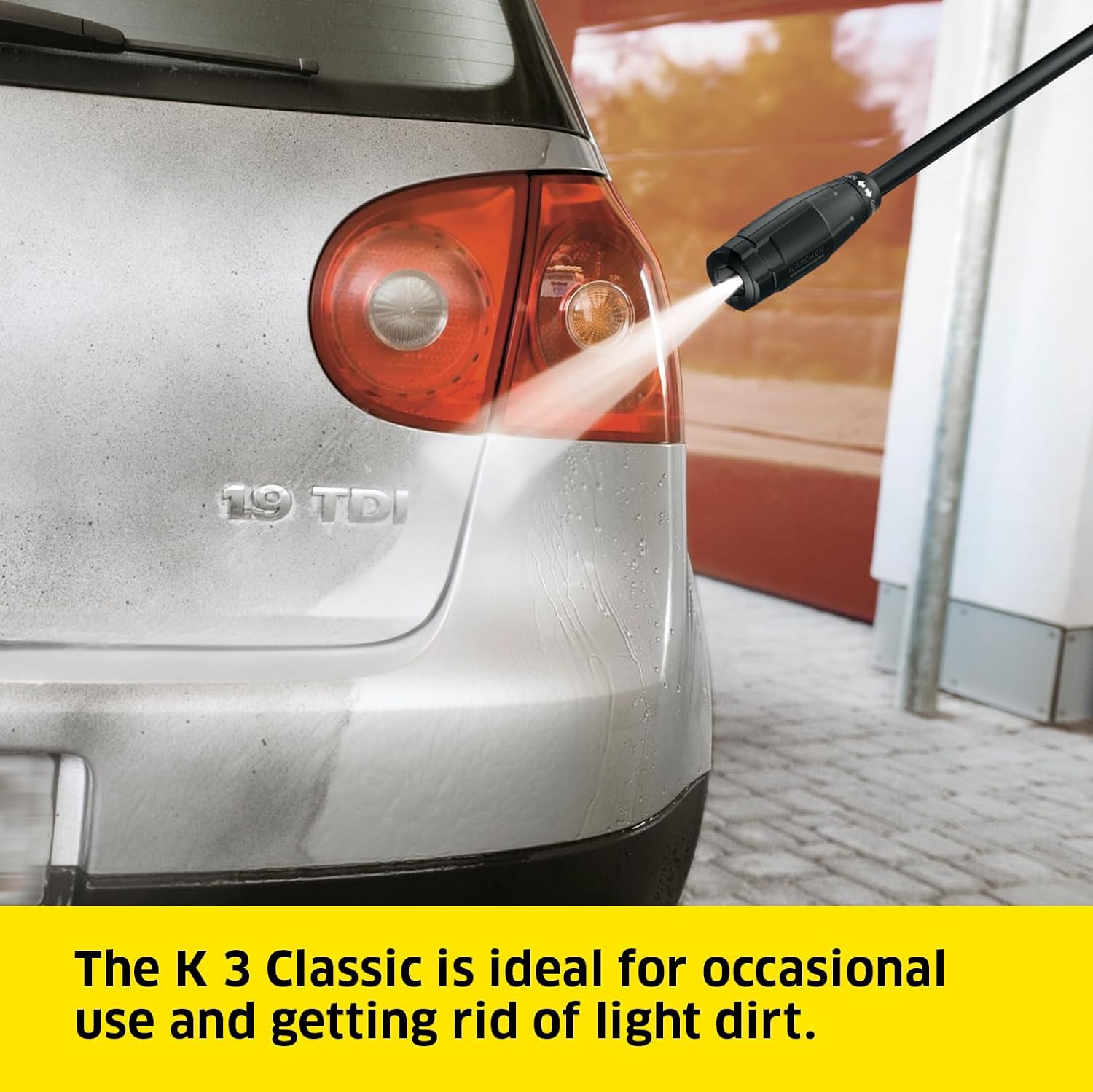 Kärcher K 3 Classic Home Pressure Washer. Pressure: max. 120 bar. Flow Rate: 380 l/h. Area: 25 m²/h. Water Filter. Weight: 4.2 kg. high-Pressure Hose and Gun. Dirt Blaster. Spray Lance. Home Kit