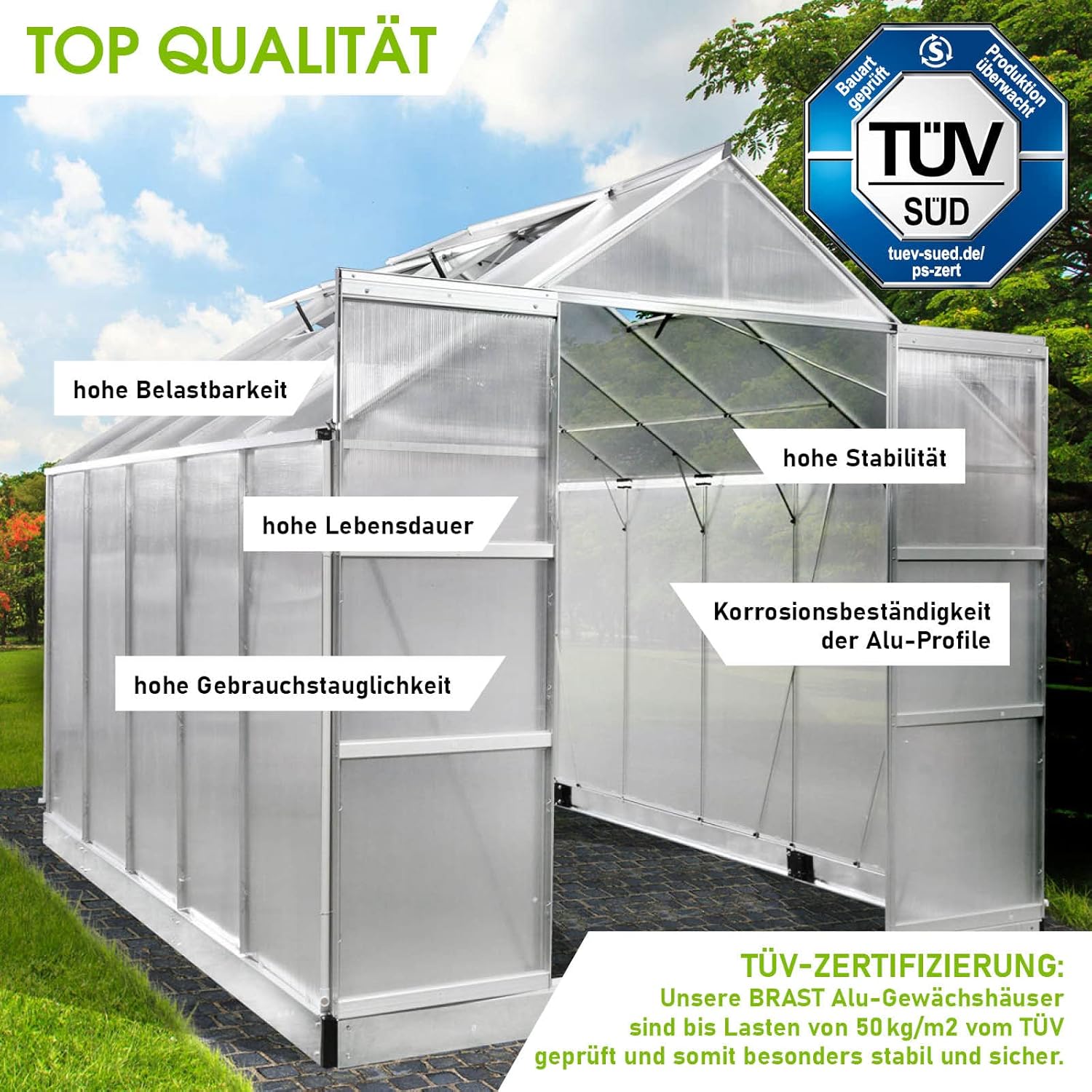 BRAST Aluminium Greenhouse with Base 310 x 250 x 235 cm. TÜV Tested. 6 mm Hollow Chamber Panels. Rustproof/Weatherproof/Temperature-Resistant